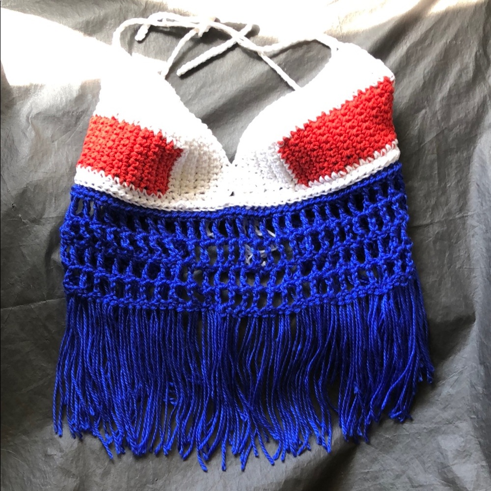 Red, White, and Blue Crochet Halter Top with Fringe - Picture 5 of 15